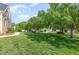 Neighborhood street view with manicured lawn and mature trees casting shadows on the green grass at 9251 Palm Bay Cir, Raleigh, NC 27617