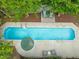 Aerial view of an in-ground pool and manicured backyard with seating at 1000 Lamond Ave, Durham, NC 27701