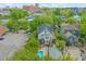 Aerial view of a neighborhood featuring a home with a pool, surrounded by greenery and parking at 1000 Lamond Ave, Durham, NC 27701
