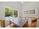Bright breakfast nook with a view of the backyard pool and a colorful stained glass accent window at 1000 Lamond Ave, Durham, NC 27701