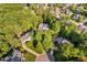 A high aerial shot showcases a neighborhood nestled among lush greenery and winding roads at 106 Clendenen Ct, Cary, NC 27513