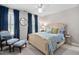 Bright bedroom featuring light wood frame bed, plush bedding, and stylish blue curtains at 106 Clendenen Ct, Cary, NC 27513