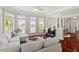Comfortable living room with ample seating, hardwood floors, and serene lake views at 12527 Bellstone Ln, Raleigh, NC 27614