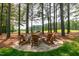 Private backyard firepit with seating surrounded by tall trees and lush green lawns, perfect for outdoor relaxation at 1501 Samuel Wait Ln, Wake Forest, NC 27587