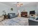 Comfortable living room with bright blue walls, ceiling fan, piano, and plush sofas at 170 Homestead Rd, Angier, NC 27501