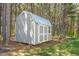 Exterior view of a backyard storage shed nestled between trees at 1840 Willie Pace Rd, Burlington, NC 27217
