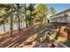 Large backyard with mature trees, a view of the lake, and a brick garden at 215 Collins Rd, Lillington, NC 27546