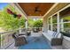 Relaxing covered patio features comfortable seating and a blue outdoor rug at 2820 Charleston Oaks Dr, Raleigh, NC 27614