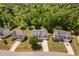 This beautiful aerial view features houses surrounded by lush trees in a lovely neighborhood at 304 Nelson Ln, Clayton, NC 27527