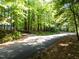 View down the home's driveway bordered by shady trees and greenery at 327 Woodbridge Dr, Chapel Hill, NC 27516