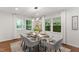 Bright dining space with modern lighting, a glass table, and a view to the outdoors at 3907 Inwood Dr, Durham, NC 27705