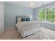Cozy bedroom with soft blue walls, carpet, and large windows, providing a serene atmosphere at 4900 American Dr, Durham, NC 27705