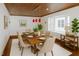 Elegant dining room with wood-paneled ceiling, bright windows, stylish lighting, and seating for six at 512 Stratford Dr, Zebulon, NC 27597