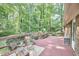 The back deck features an outdoor rug, patio chairs, and peaceful views of the surrounding trees at 5319 Memory Ln, Durham, NC 27712