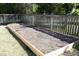 Raised garden bed with wooden planks and dirt, along a fenced backyard at 621 Childsberg Way, Hillsborough, NC 27278