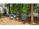 Backyard with fire pit and seating, enclosed by a white picket fence at 6509 Virgilia Ct, Raleigh, NC 27616