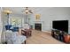 Cozy living room with fireplace, hardwood floors, natural light, and comfortable seating at 6509 Virgilia Ct, Raleigh, NC 27616