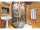 Rustic bathroom features a glass enclosed shower, pedestal sink, and wood paneled walls at 1000 Phils Creek Rd, Chapel Hill, NC 27516