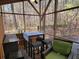 Cozy screened porch featuring comfortable seating, outdoor dining set, and serene wooded views at 1000 Phils Creek Rd, Chapel Hill, NC 27516