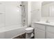 Bathroom featuring a vanity, toilet, mirror and shower-tub combo at 1012 Old Evergreen Dr, Durham, NC 27704