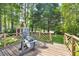 Backyard deck offers seating and views of mature trees and a small playhouse at 1806 Carrington Dr, Raleigh, NC 27615