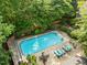 Aerial view of a private backyard oasis, featuring a sparkling pool and comfortable lounge area at 204 Rossburn Way, Chapel Hill, NC 27516