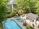 Aerial view showcasing the pool, backyard, and well-maintained landscaping of the property at 204 Rossburn Way, Chapel Hill, NC 27516
