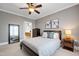 Cozy bedroom featuring soft lighting, ceiling fan, and mirrored wall decor at 340 Allister Dr # 201, Raleigh, NC 27609