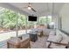 Relaxing screened porch features comfortable seating, ceiling fan, TV, and views of the landscaped backyard at 4109 Huckleberry Dr, Raleigh, NC 27612