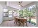 The screened porch features a dining table, ceiling fan, and backyard views at 4109 Huckleberry Dr, Raleigh, NC 27612