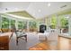 This is a bright living room with bay windows, fireplace, and comfortable seating at 415 Forsyth St, Raleigh, NC 27609