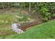 Backyard stream with rocks and a metallic railing at 4900 North Hills Dr, Raleigh, NC 27612