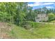 A verdant backyard featuring a well-maintained lawn, privacy trees, and a gentle ravine at 4900 North Hills Dr, Raleigh, NC 27612