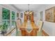 Cozy dining room with a wooden table, chandelier lighting, and patio access at 4900 North Hills Dr, Raleigh, NC 27612