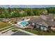 Aerial view of the community pool, clubhouse, playground, and picnic area amidst lush green spaces at 5054 Kota St, Raleigh, NC 27610