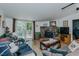 Relaxing living room boasts a stone fireplace, wood floors, and sliding door to the deck at 5100 Yale Ct, Graham, NC 27253