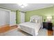 Bright bedroom showcasing a bed, nightstand, decorative pillows, and two closets with stylish sliding doors at 518 S Main St, Wake Forest, NC 27587