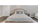 Close-up of primary bedroom with plush rug, wood flooring, and decorative lighting at 7304 Hasentree Club Dr, Wake Forest, NC 27587