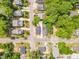 A bird's eye view of a neighborhood with houses nestled among lush greenery and well-maintained streets at 801 N Elm St, Durham, NC 27701