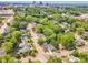 An aerial view showcasing a quiet neighborhood with tree-lined streets and downtown skyline in the distance at 801 N Elm St, Durham, NC 27701