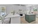Bright kitchen with white cabinetry, subway tile backsplash, quartz countertops, and an island with seating at 801 N Elm St, Durham, NC 27701