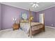 Bedroom with four-poster bed with elaborate bedspread, lamps, and lilac-colored walls at 104 Crossway Ln, Holly Springs, NC 27540