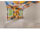 Bedroom featuring a geometrically painted ceiling, carpeted floor, and two windows at 104 Crossway Ln, Holly Springs, NC 27540