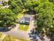 Aerial view of house with long driveway, big trees and green lawn at 105 N 11Th St, Erwin, NC 28339