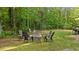 Beautiful backyard features a stone firepit surrounded by Adirondack chairs, ideal for outdoor entertaining at 110 Pebble Creek Dr, Franklinton, NC 27525