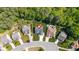 An aerial view of a suburban home showcasing a well-manicured lawn, patio set, and firepit at 114 Bell Tower Ct, Elon, NC 27244