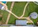 Drone eye view of the backyard with well manicured landscaping, gazebo and stone walkways at 1213 Indian Trail Dr, Raleigh, NC 27609