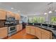 Kitchen showcasing stainless steel appliances, maple cabinets, dark countertops, and a view of the living area at 3005 Buckhorn Rd, Sanford, NC 27330