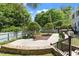 Landscaped backyard with a stone patio, manicured trees, and a fenced perimeter at 400 Bowling Creek Rd, Chapel Hill, NC 27514