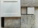 Selection of design materials showing white cabinets, carpet, tile, countertop and wood flooring samples at 445 Olivia Crossing Ct # 22, Four Oaks, NC 27524